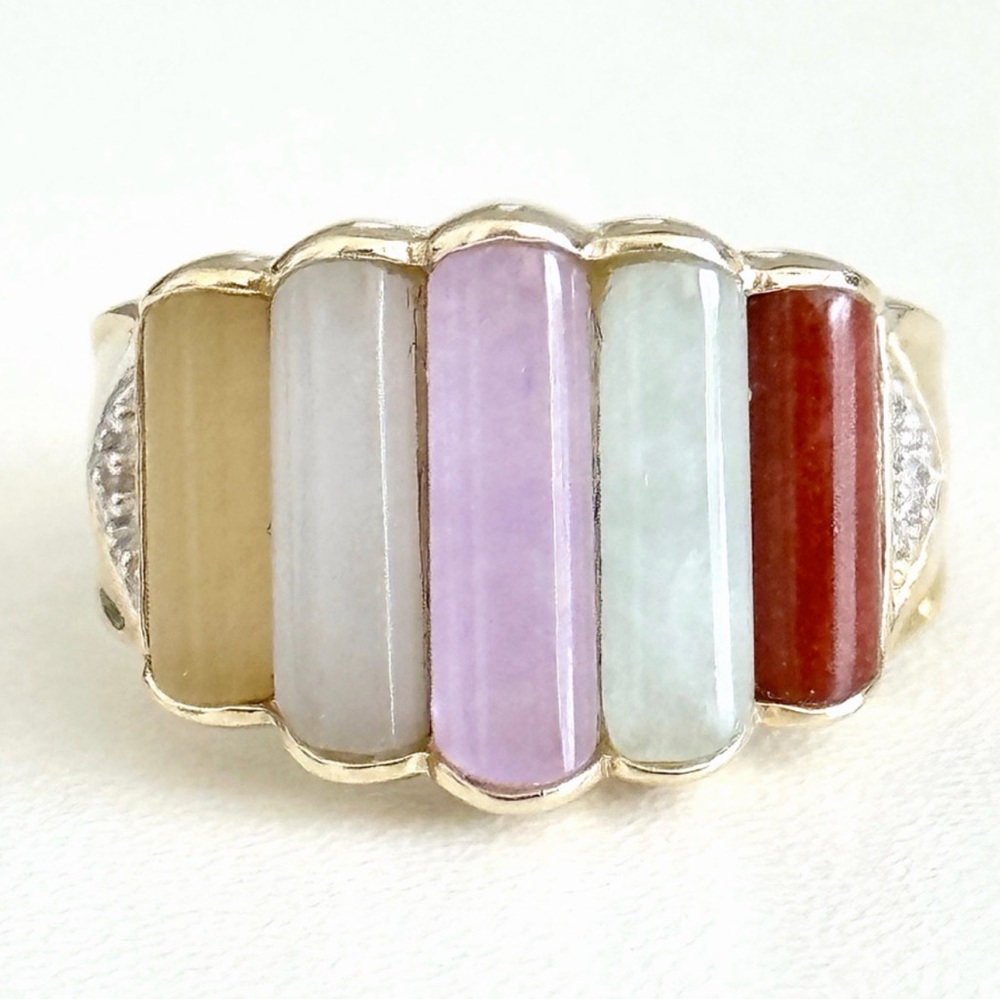 14K Yellow Gold Multi Color Jade Graduated Pillar Diamond Accent Ring Size 7